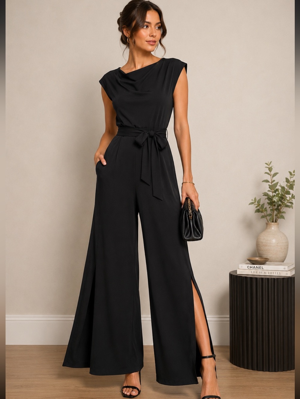 Bebe jumpsuit wide leg slits side black size 14 new